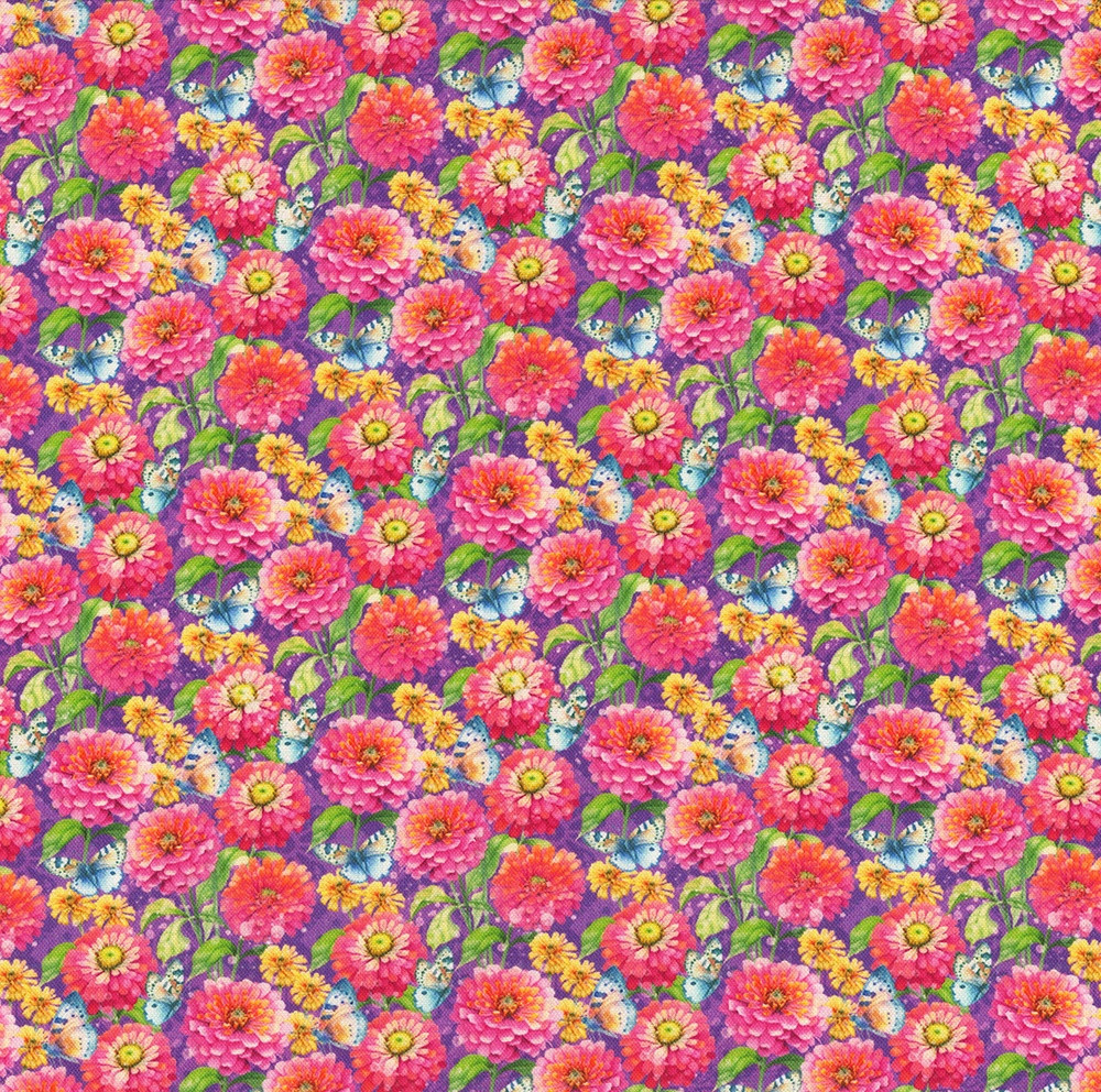 Lumin Fabrics White Owl Flight of Fancy Zinnia Flowers Orange Pink